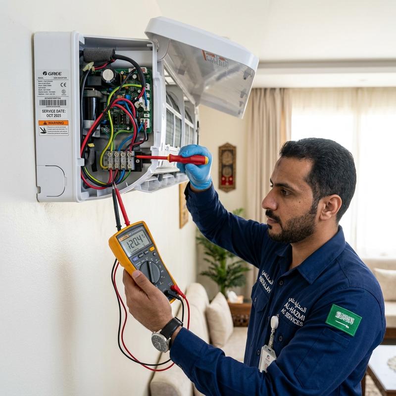 Expert AC technician inspecting electrical wiring and components in Hail