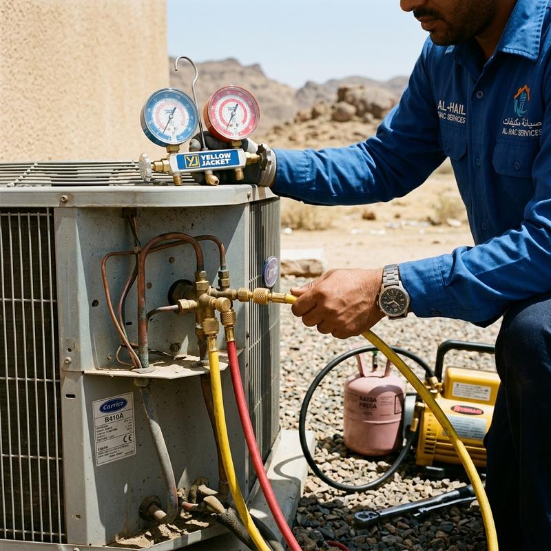Technician checking freon gas pressure with manifold gauges on outdoor compressor