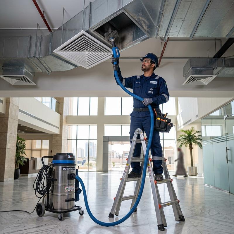 Cleaning and sanitizing central AC ductwork and ceiling vents with specialized equipment
