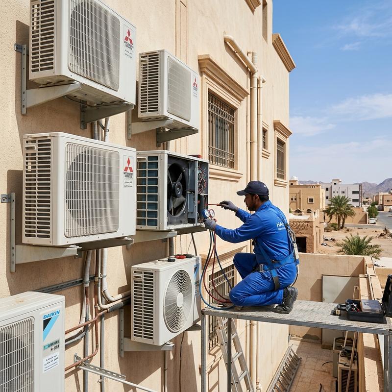 Rooftop and exterior wall maintenance of outdoor AC units in Hail